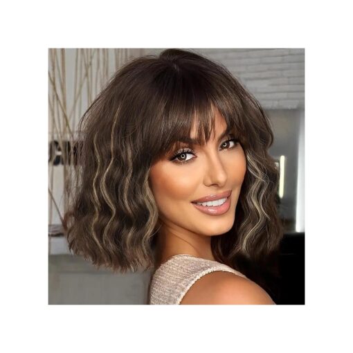 ENTRANCED STYLES Short Wavy Bob Wigs with Bangs for Women Brown Mixed Blonde Wavy Bob Curly Wig Synthetic Natural Looking Heat Resistant Fiber Wig 12 inch