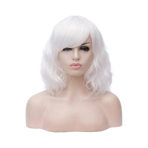 14" Women Short Wavy Curly Wig White Bob Wig Cosplay Halloween Synthetic Wigs with Side Bang Wig ( White )