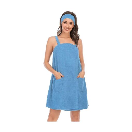 Veseacky Women Bath Wrap Towel for Shower with Pocket Adjustable Robe & Facial Headband S-3XL