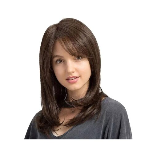 Brown Straight Wig with Side Bangs for Women Natural Bob Straight Soft Synthetic Hair Wig With Wig Cap