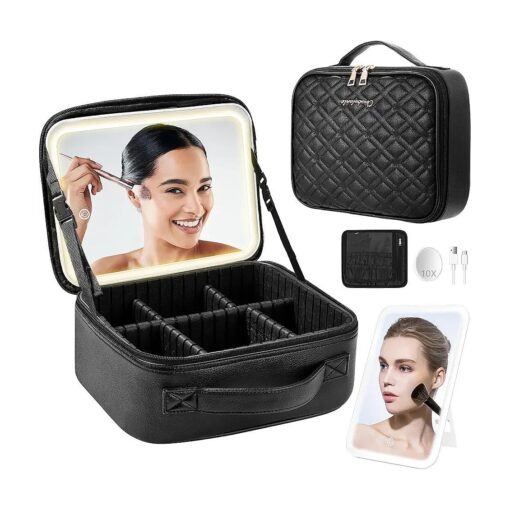 Travel Makeup Bag with Mirror of LED Lighted, Makeup Train Case with Adjustable Dividers and 10x Magnifying Mirror, Cosmetics Organizer for Women ( Black )