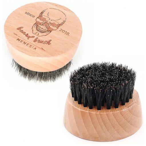 Boar Bristle Hair Beard Brush for Men, Small and Round Beard Brush, Pocket Travel Men 's Wooden Mustache Brush ( Skull )