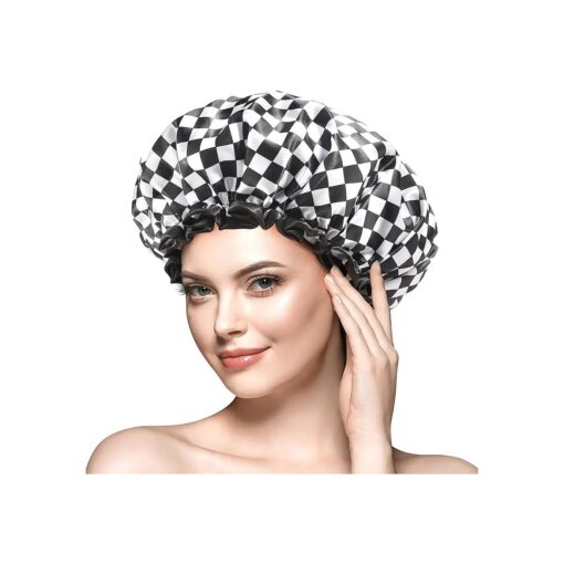 mikimini Large Shower Cap for Women Long Hair, Elegant Chessboard Design, Double-layer Waterproof, Reusable, Washable, No Odor, X-Large