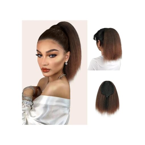 PEACOCO Drawstring Ponytails for Black Women, Yaki Kinky Straight Ponytail Hair Extensions 12 Inch Short Pony Tail Clip in Synthetic Ponytail HairpiecePS" 1BT30PS ( c )