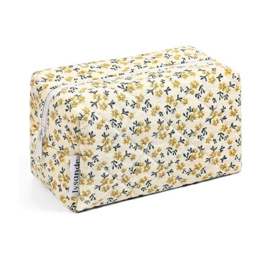 Floral Puffy Quilted Makeup Bag, Toiletry Tote, Cosmetics Pouch, Quilted Tote Floral, Floral Cosmetic Bag ( Flowers Yellow )