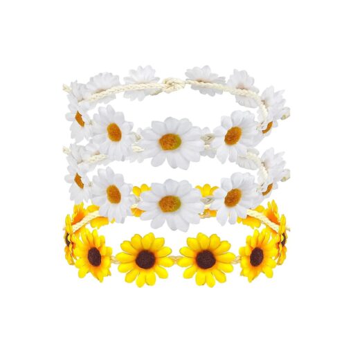 3 Pcs Sunflower Headband Crown Headpiece Daisy Headbands for Women Girl 60s Hippie Boho Hat Accessories Bridal Wedding Summer Beach Party Hair Wreath Garland