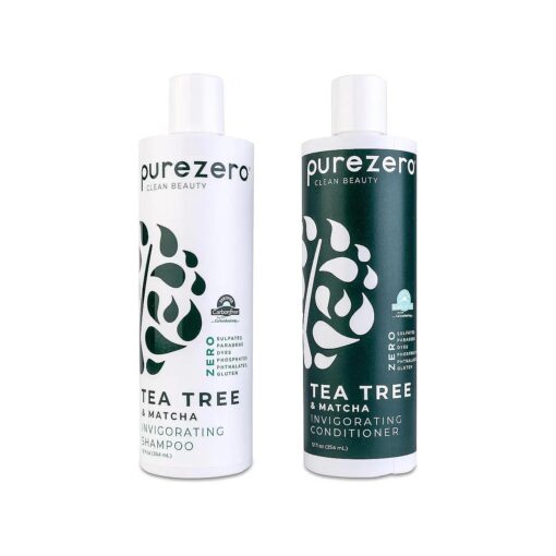 Purezero Tea Tree & Matcha Shampoo and Conditioner Set - Nourishing & Invigorating Scalp Treatment - Zero Sulfates/Parabens/Dyes -100 % Vegan & Cruelty Free - Great For Color Treated Hair