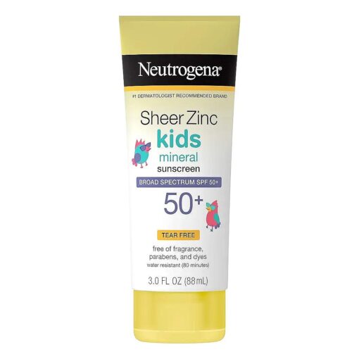 Neutrogena Sheer Zinc Oxide Kids Mineral Sunscreen Lotion, Broad Spectrum SPF 50+ with UVA/UVB Protection, Water-Resistant for 80 Minutes, Paraben-, Dye-, Fragrance- & Tear Free, 3 fl, oz