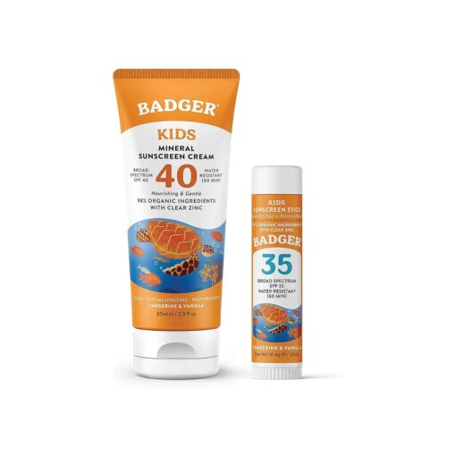 Badger Kids Mineral Sunscreen Combo, SPF 40 Cream and SPF 35 Face Stick, Reef Safe Broad Spectrum Water Resistant with Zinc Oxide, Tangerine and Vanilla