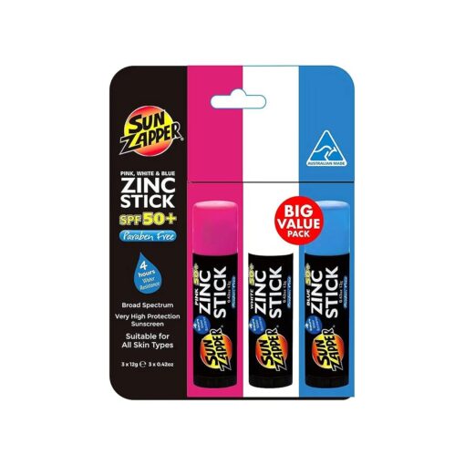 Zinc Oxide Sunscreen - Pink, White & Blue - SPF 50+ Very High Sun Protection Waterproof Sunblock for Face & Body, Adults, Kids, Baby - Travel Stick