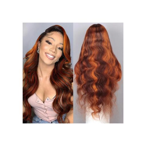 Ombre Highlight Lace Front Wig Human Hair Body Wave P4/350 Colored Ginger brown Lace Front Wig 13x6 Lace Frontal Wigs 180 % Density Pre Plucked Glueless Balayage Wig Human Hair ( 24inch )